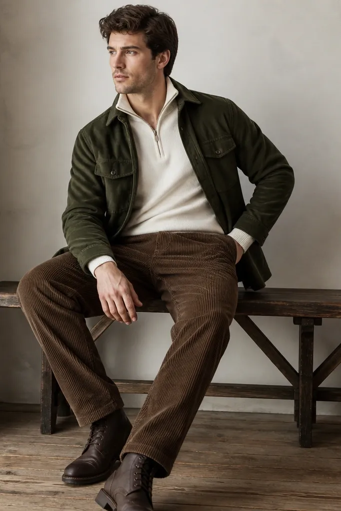 A white quarter zip under a green overshirt with brown corduroy pants. Shoes are dark brown leather boots. The image shows visible corduroy texture and a layered collar.
