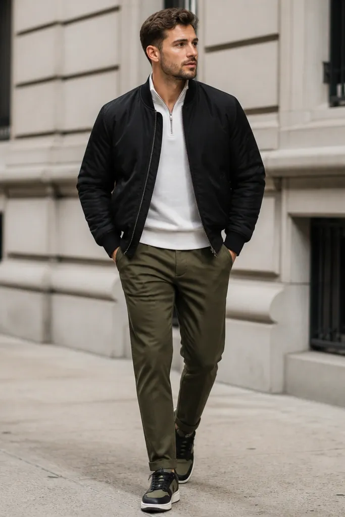 A white quarter zip under a black bomber jacket with olive chinos. Shoes are black-and-olive sneakers. The photo shows a street style look with the bomber collar visible.