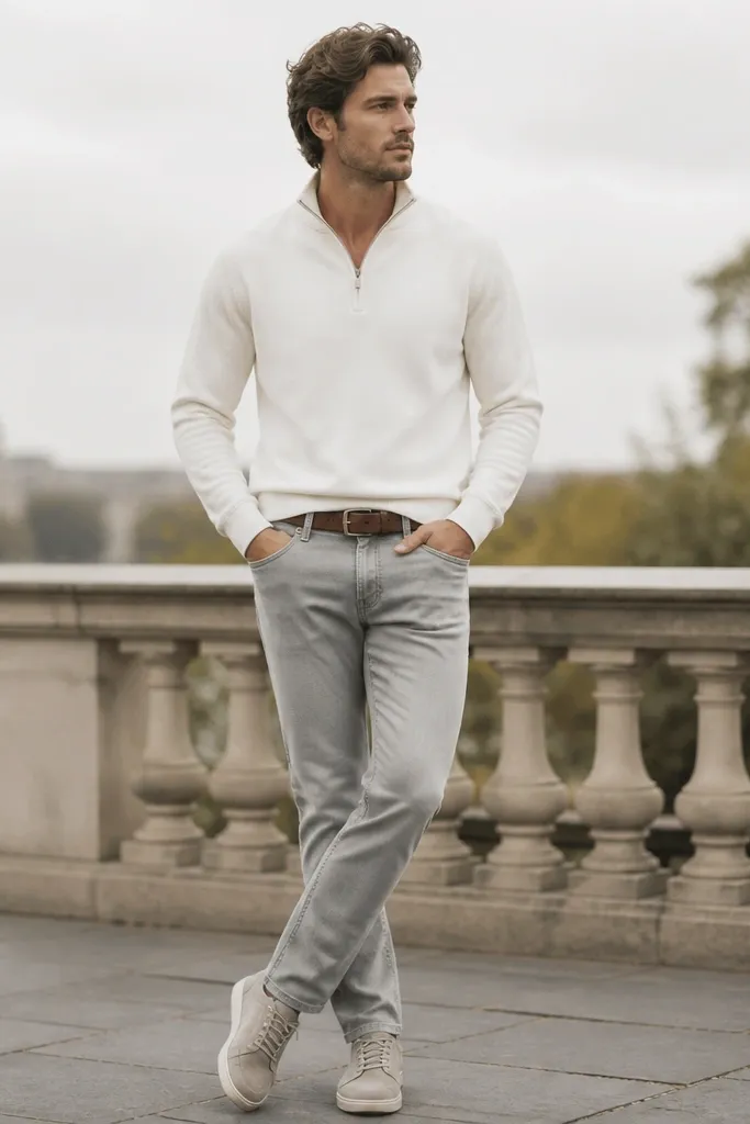 A white quarter zip with light grey denim and light grey suede sneakers. The belt is brown leather. The image is outdoors with overcast lighting showing soft tones.