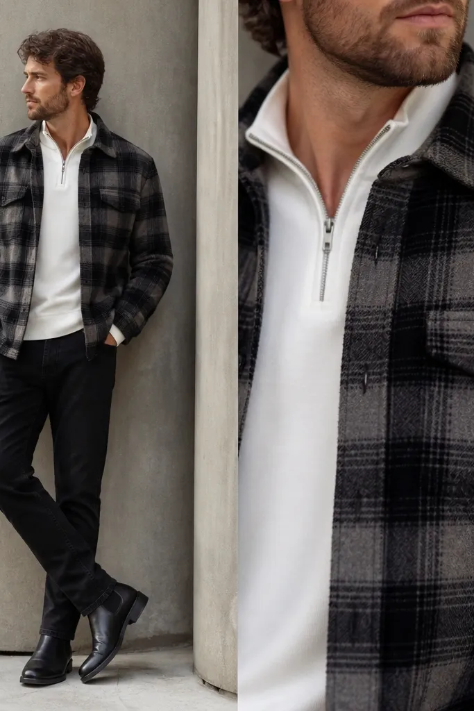 A white quarter zip under a black-and-grey plaid overshirt. The jeans are black denim. Shoes are black Chelsea boots. The image shows plaid pattern detail and clean layering.