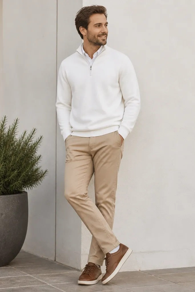 A white quarter zip with a subtle collar peeking underneath, worn with tan chinos. Shoes are brown leather sneakers. The photo shows the collar detail and clean layering at the neck.