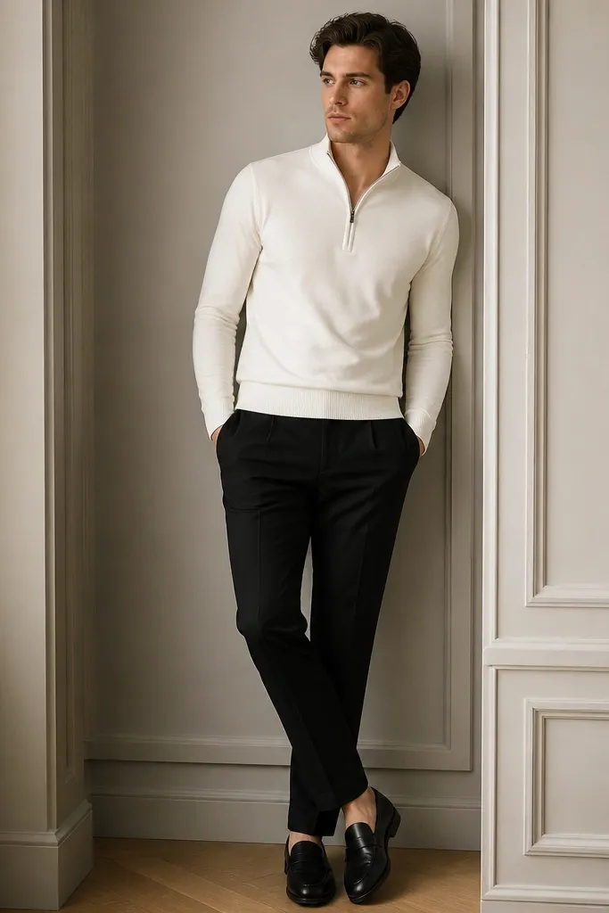 A white quarter zip worn with black suit trousers and a simple black leather loafer. No blazer is visible. The photo is clean and formal-casual, shot indoors with neutral lighting.