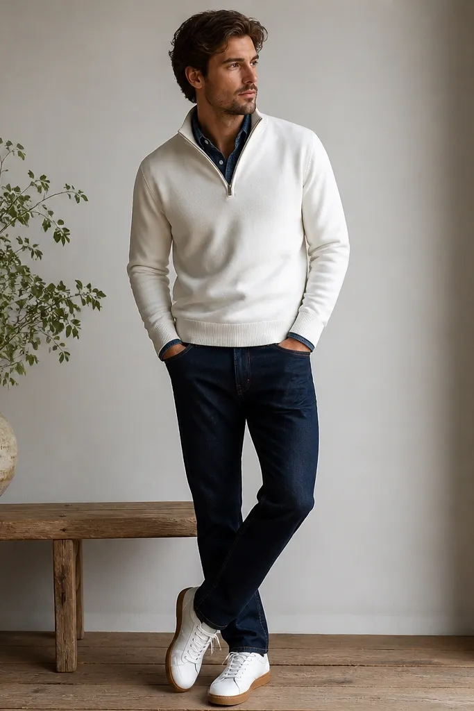 A white quarter zip worn open at the top with a dark denim button-up collar peeking out underneath. The jeans are dark indigo. Shoes are white sneakers with gum sole.