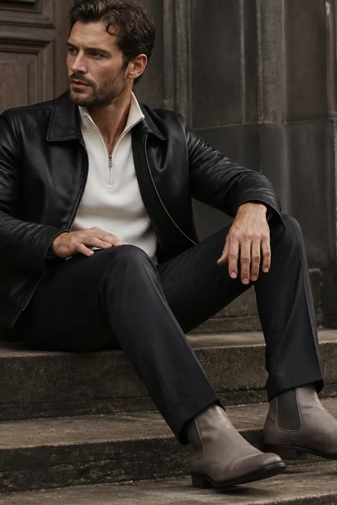 A white quarter zip worn under a black leather jacket. The pants are dark charcoal and the boots are stone or taupe leather. The image shows a strong contrast with visible leather texture.
