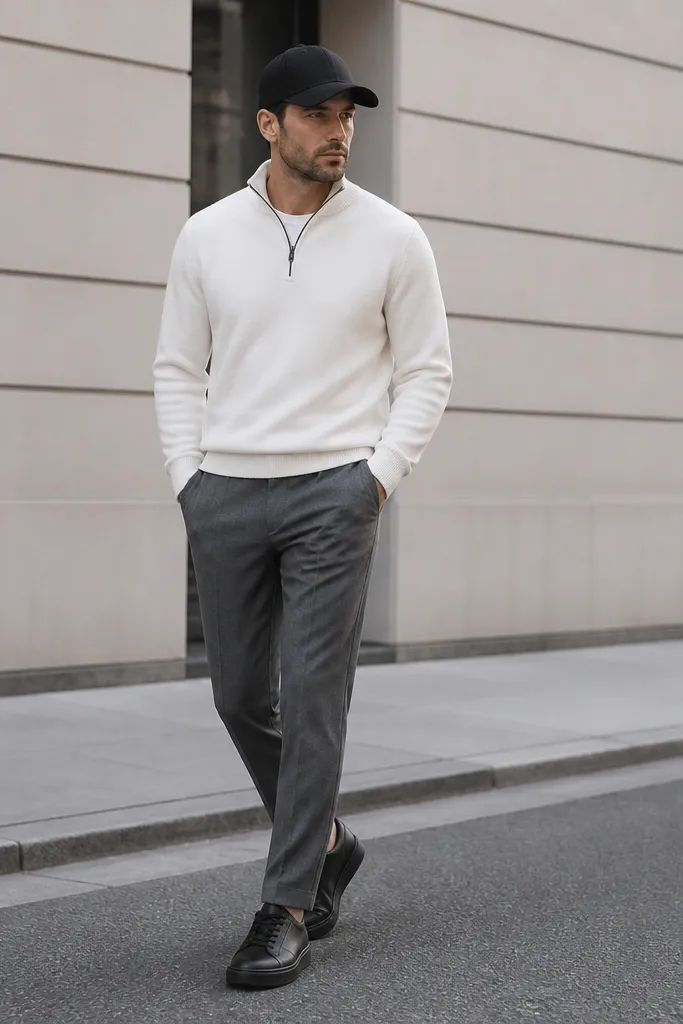 A white quarter zip with grey wool trousers and a black baseball cap. Shoes are black leather sneakers. The photo shows a minimalist city look with clean lines.