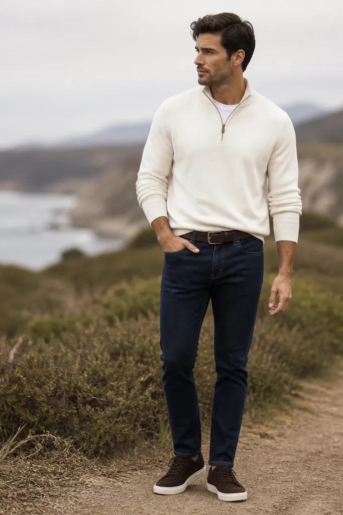 A white quarter zip paired with navy tapered jeans. The belt is dark brown leather and the shoes are dark brown suede sneakers. The photo shows a casual outdoor setting.