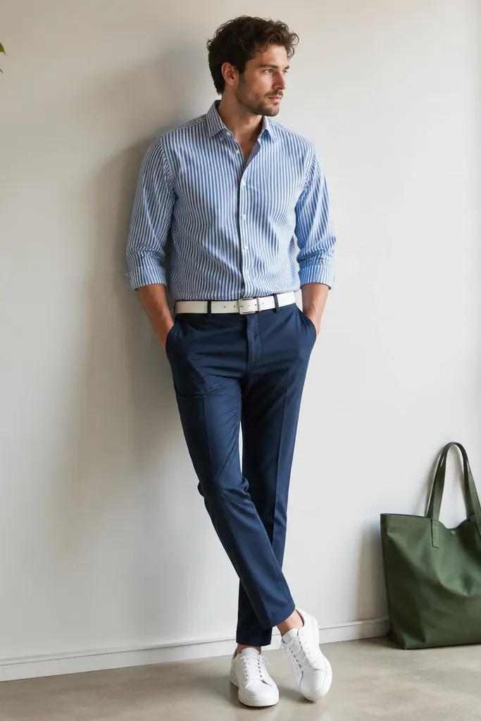 Man wearing a blue and white striped button-down shirt with sleeves rolled to mid-forearm, tucked into navy chinos. White leather low-top sneakers, white belt, and a small plant-green tote bag in the background.