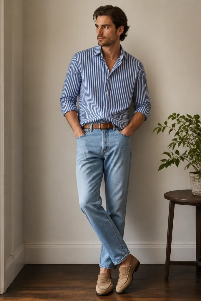 Blue and white striped shirt partially tucked into light-wash straight jeans. Tan suede penny loafers, a cognac leather belt, and a potted plant with green leaves on a small side table behind.