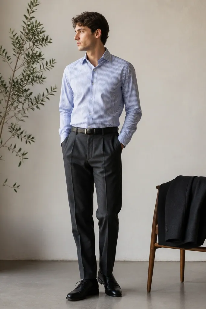Blue and white striped shirt tucked into charcoal wool trousers. Black leather derby shoes, black belt, and a dark coat draped over a chair near a plant.