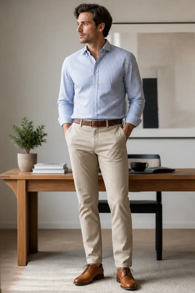 Blue and white striped shirt tucked into stone chinos. Brown leather belt, tan leather lace-up shoes, and a small potted plant on the desk behind the man.