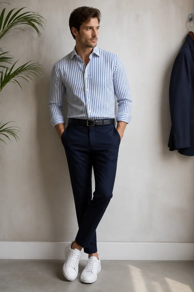 Blue and white striped shirt tucked into tailored navy suit trousers. White leather sneakers, navy belt, and a blazer hanging nearby with a green plant in the corner.