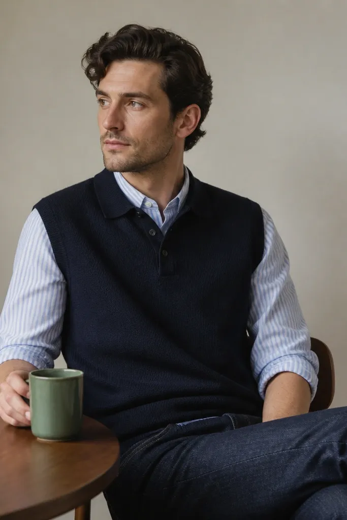 Blue and white striped button shirt worn under a navy knit polo vest. Sleeves rolled, shirt cuffs visible, with dark jeans and a plant-green mug on a table.