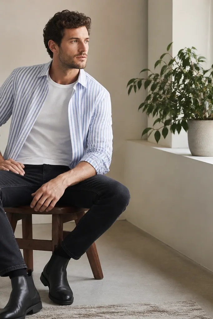 Blue and white striped shirt worn open over a fitted white t-shirt, paired with dark slim jeans. Black Chelsea boots and a green plant behind on a window ledge.