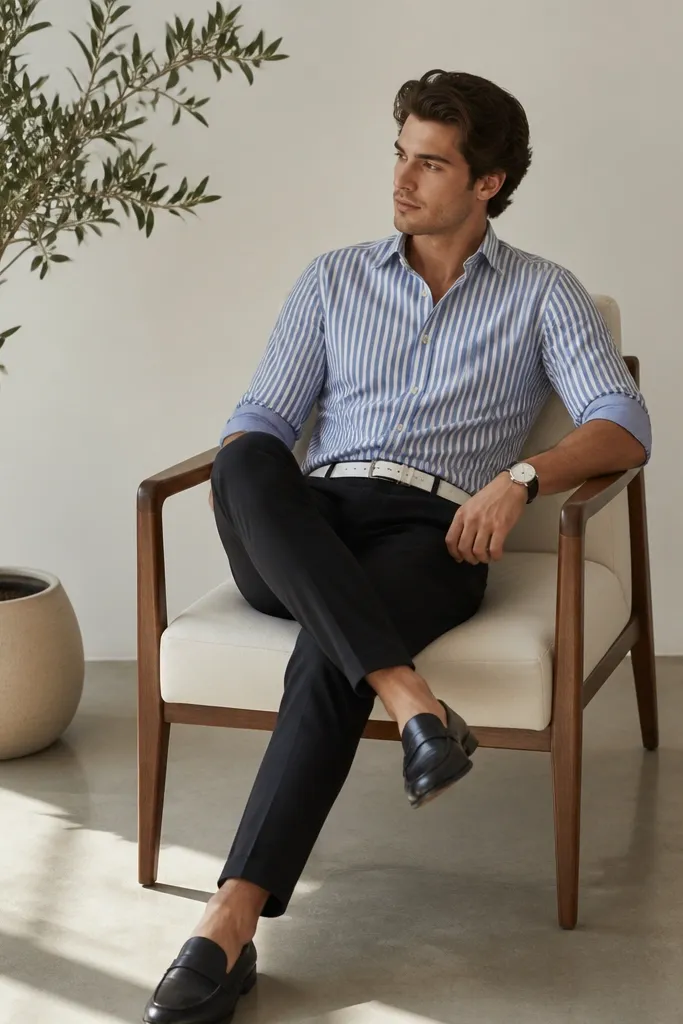 Blue and white striped shirt tucked into black chinos. White belt, black leather loafers, and a minimalist watch. A plant sits in a ceramic pot near the chair.