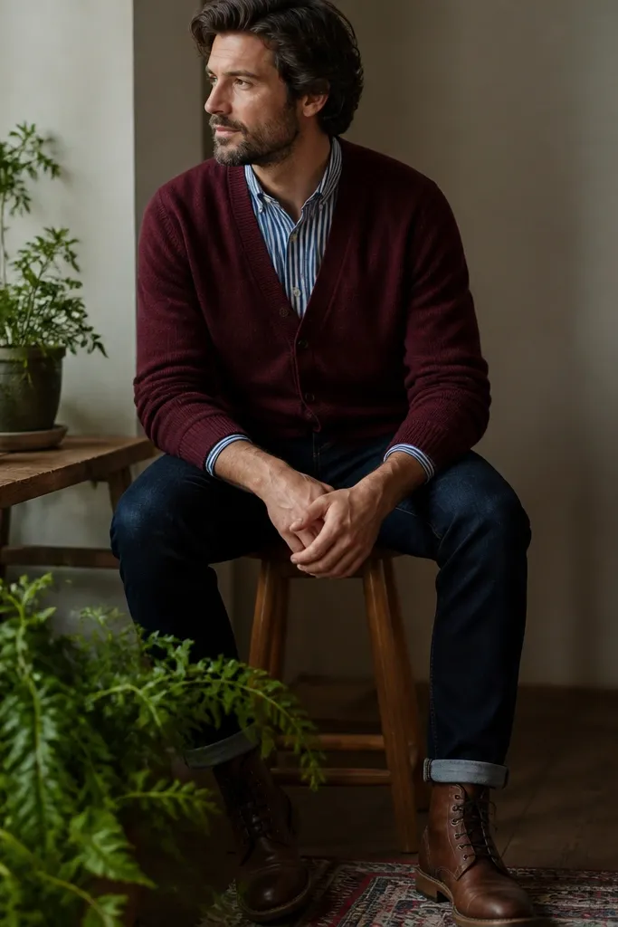 Blue and white striped shirt worn under a burgundy cardigan. Navy jeans and brown leather boots. Plant greenery visible near the bottom of the frame.