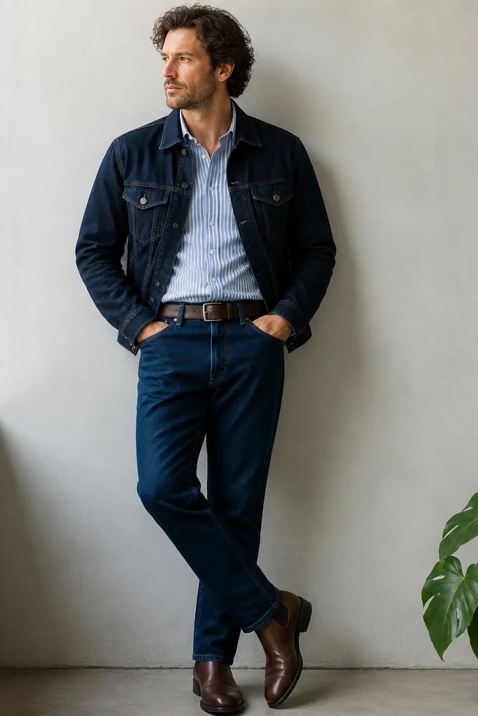 Blue and white striped shirt tucked into indigo jeans, layered under a navy denim jacket. Dark brown leather belt and boots. Green plant visible near the lower right corner.