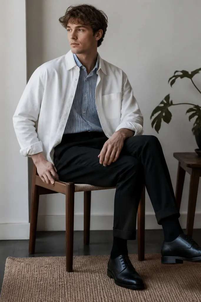 Blue and white striped shirt worn under a white overshirt. Black tapered pants, black leather shoes, and a plant on a side table behind.