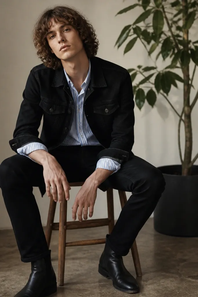 Blue and white striped shirt layered under a black denim jacket with sleeves slightly rolled. Black jeans and black leather boots. A plant in a dark pot behind them.