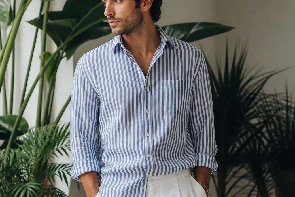 With plants blue and white striped shirt outfit men looks