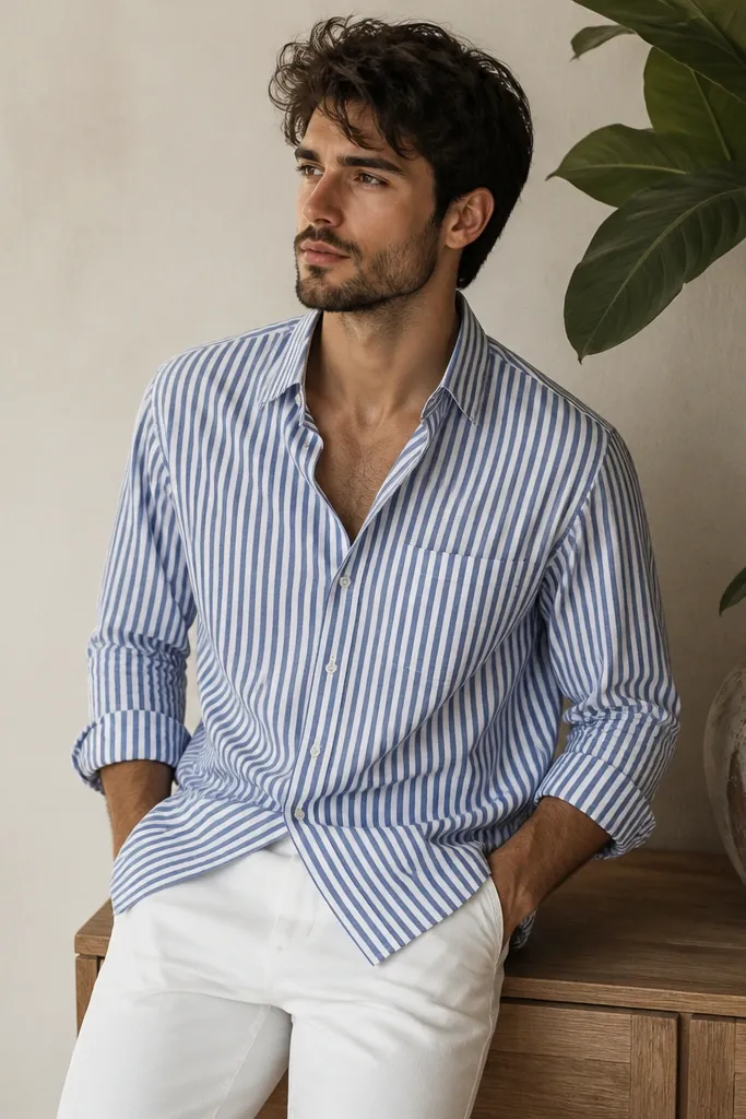With plants blue and white striped shirt outfit men looks