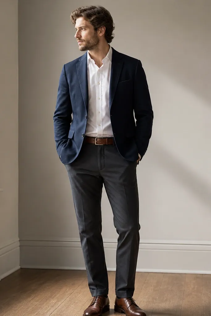 A man in a navy cotton drill blazer with a clean notch lapel, visible inner pocket opening at the breast area, paired with charcoal flat-front trousers and a white Oxford shirt; brown leather belt and simple lace-up shoes. The blazer pockets look deep and structured.