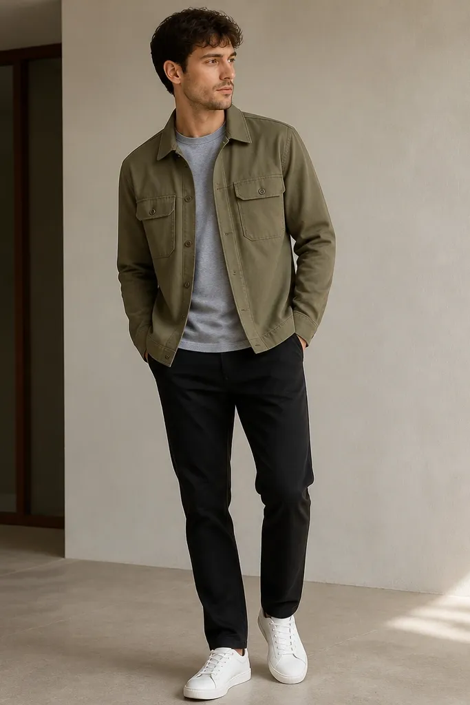 An olive green overshirt with two chest pockets and one lower concealed pocket, worn over a heather gray crewneck tee. Black slim-straight chinos and white low-top leather sneakers complete the look.