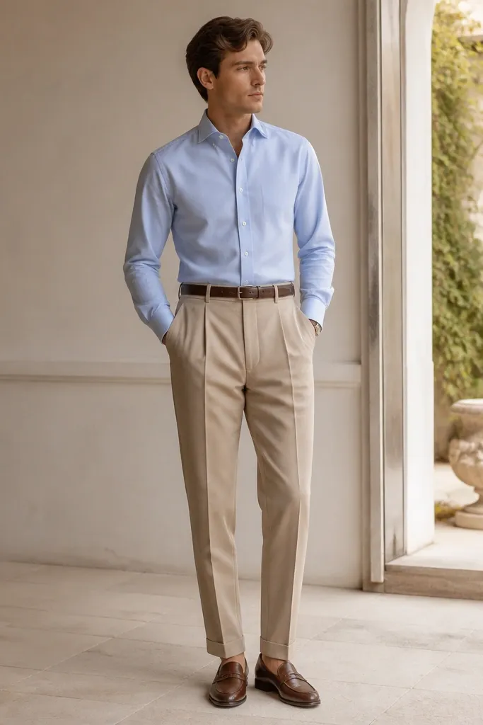 A light blue Oxford shirt tucked into sand pleated trousers with a subtle watch pocket detail near the waistband; brown loafers and a slim leather belt. The shirt has structured cuffs and a clean collar line.
