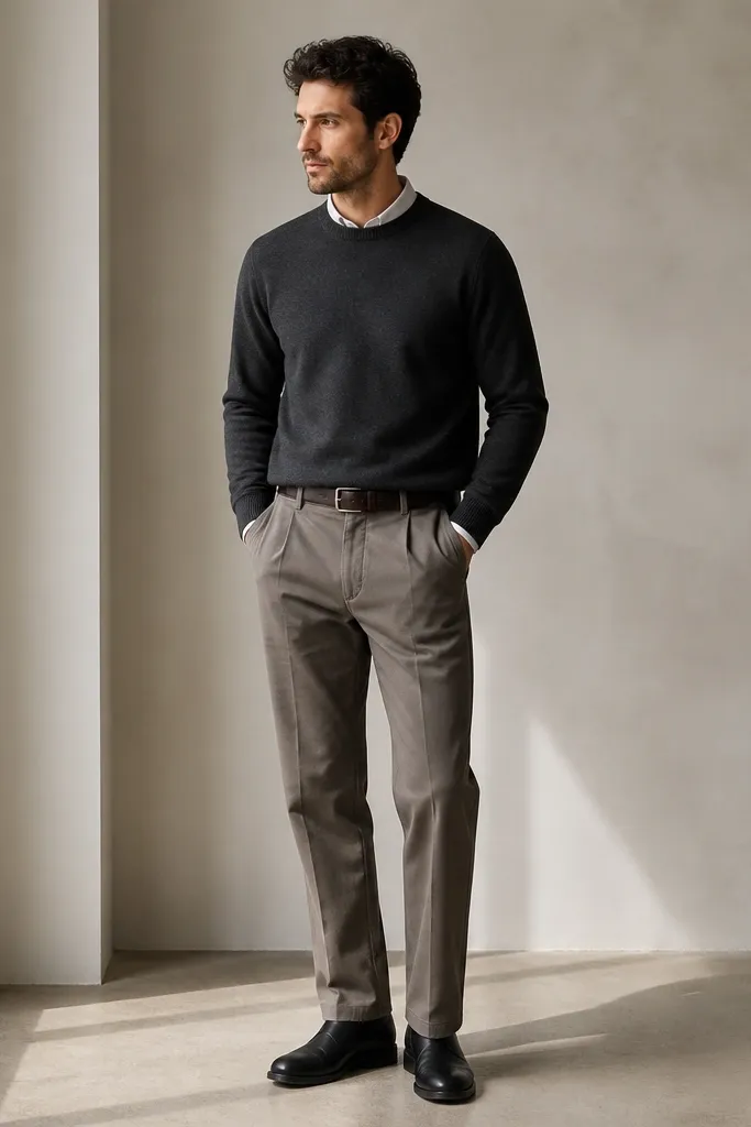 A charcoal merino crewneck sweater worn over a collared shirt with the collar peeking slightly. Taupe work trousers show deeper side pocket openings; black leather shoes and a dark brown belt are visible.