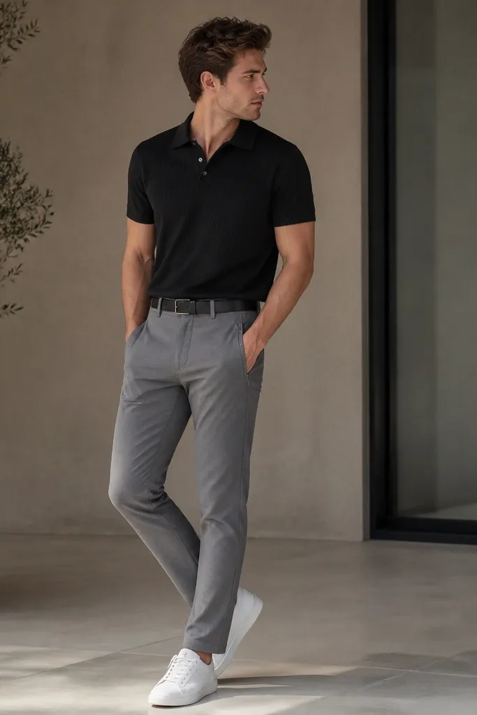 A black knit polo with a clean collar and minimal buttons, worn with gray chinos that have a visible zipper pocket on the right side. White sneakers and a black belt finish the look.
