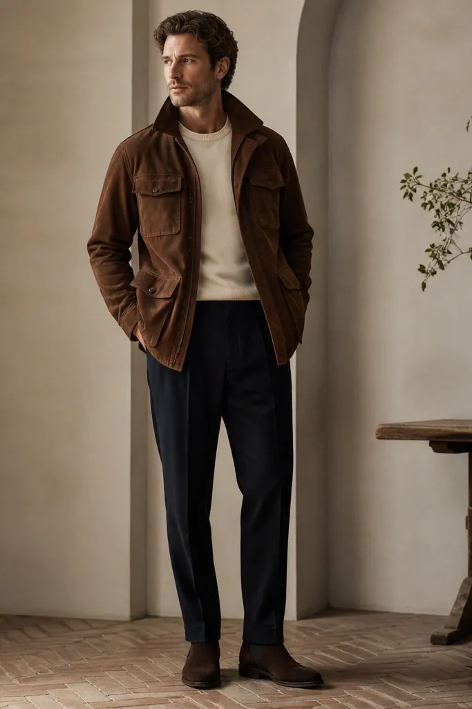 A brown suede desert jacket with multiple pockets, worn over a cream crewneck. Navy pleated trousers and dark brown suede boots are visible; the jacket pockets look roomy and lined.
