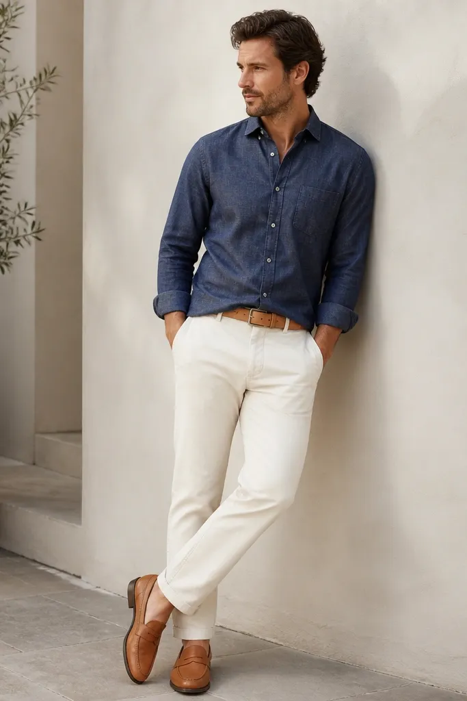 A navy chambray button-up worn untucked over off-white chinos with a small coin pocket detail. Tan belt and tan leather loafers are shown; the shirt has a slightly relaxed fit.