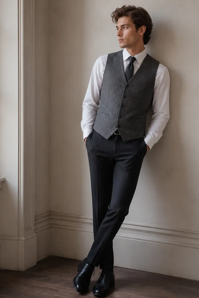 A gray flannel vest layered over a white dress shirt. Black slacks show an inner pocket opening detail near the waistband area; dark lace-up shoes and a simple tie knot are visible.