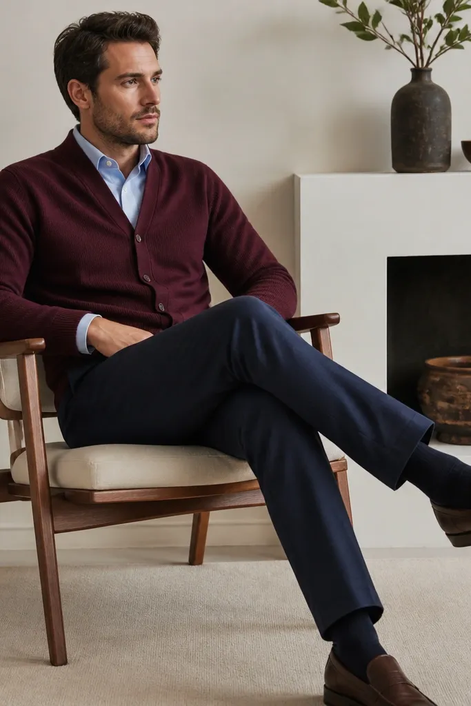 A burgundy knit cardigan buttoned halfway over a light blue shirt. Navy trousers show a hidden side seam pocket line; brown loafers complete the outfit.