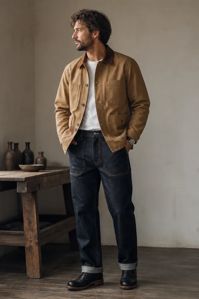 A tan chore coat with large front pockets worn over a white tee, paired with dark denim jeans that have reinforced pocket openings. Black boots and a simple watch are shown.