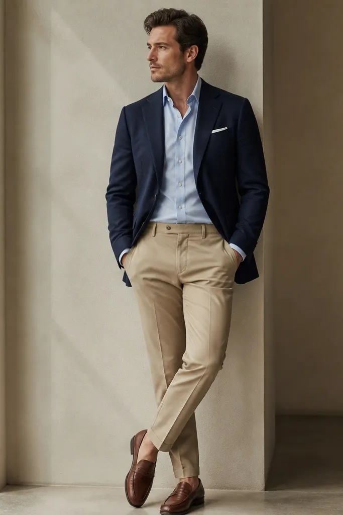 A navy sport coat with a visible ticket-style pocket detail near the chest and tailored khaki trousers. A light blue shirt and brown leather loafers are shown.