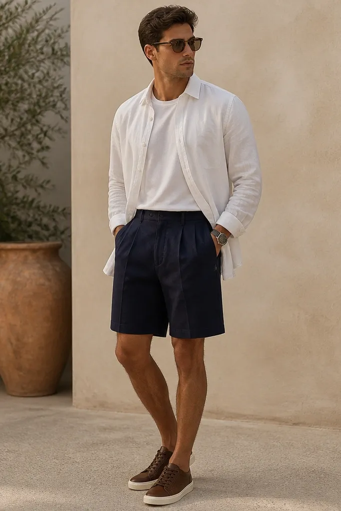 A white linen-blend button shirt worn open over a tee, paired with navy pleated shorts that have a zip pocket on the side. Brown sandals are replaced by leather sneakers; a watch is visible.
