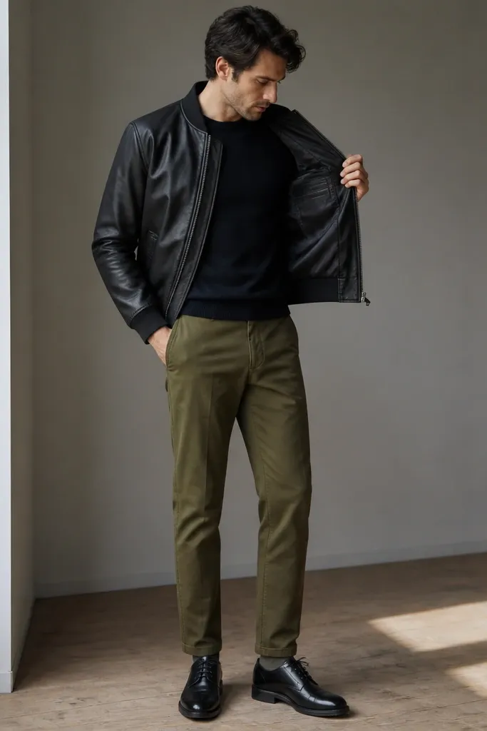 A black leather bomber jacket with a satin lining and internal pocket opening, worn over a dark sweater. Olive trousers with straight legs and black derby shoes are visible.