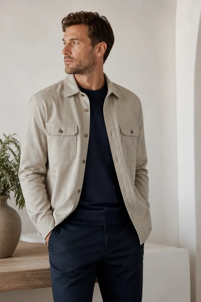 A stone oxford overshirt with button front and chest pockets worn over a navy crewneck tee. Navy chinos show a smooth back pocket shape and a hidden pocket panel line.