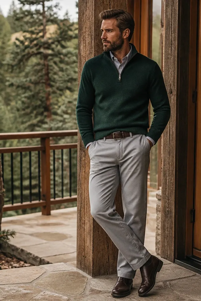 A forest green quarter-zip sweater over a collared shirt, paired with light gray trousers that have extra pocket depth and clean seams. Dark brown shoes and a belt are visible.