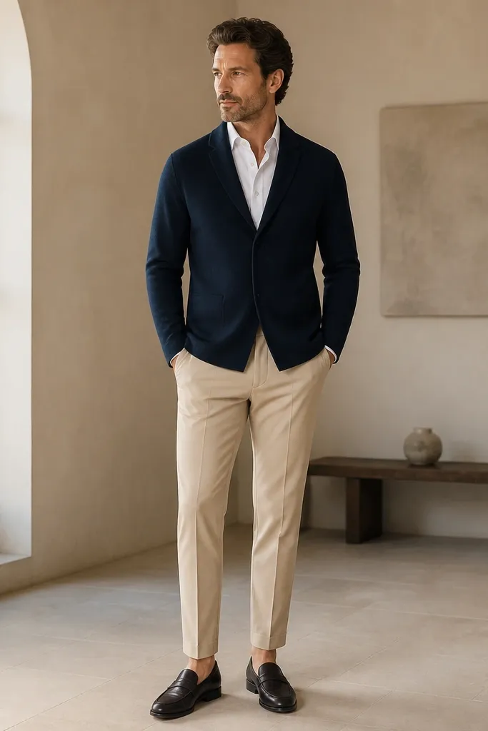 A navy cardigan-blazer hybrid with a structured front and hidden pockets, worn over a white shirt. Beige tapered trousers and dark loafers are shown.