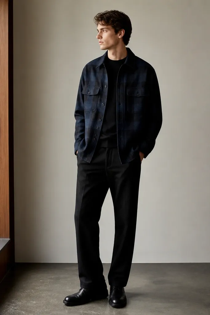 A midnight blue check shirt jacket with two large chest pockets, worn over a black crewneck. Black straight trousers and black leather shoes are visible.