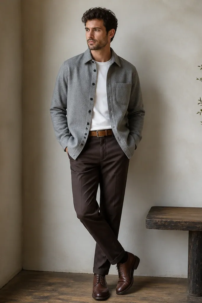 A gray wool over-shirt layered over a white tee, paired with dark brown chinos. The chinos have side tab pocket details and a clean waistband; tan belt and brown leather shoes are shown.