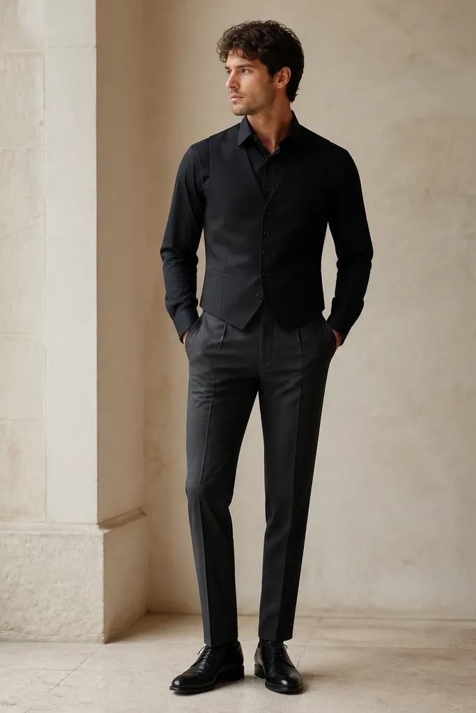 A black dress shirt with a vest layered on top, where the vest has subtle pocket openings. Charcoal suit trousers and black oxfords are shown; the outfit is clean and formal-casual.