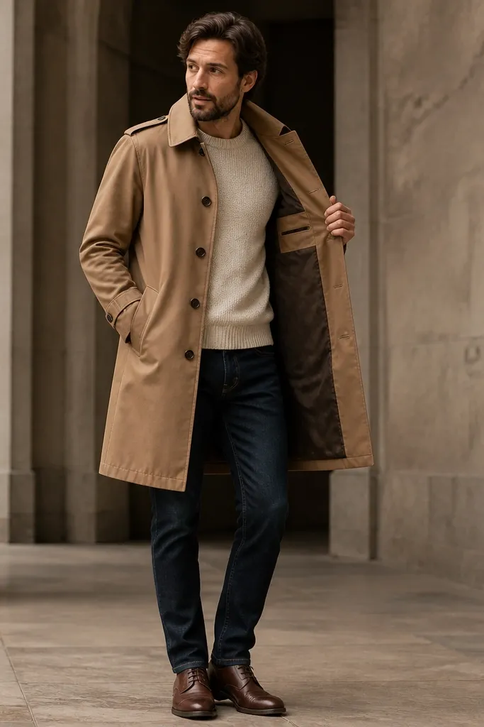 A cream knit sweater under a camel trench coat with an inner pocket opening. Dark jeans with a clean wash and minimal distressing are shown, plus brown leather shoes.