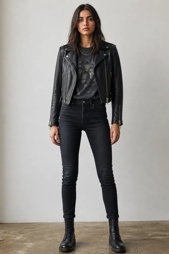 A model stands front-facing wearing a faded black band graphic tee tucked slightly into dark skinny taper jeans. A cropped black moto jacket sits high on the waist with visible silver zipper teeth. Black leather lace-up boots and a matte black chain necklace finish the look.