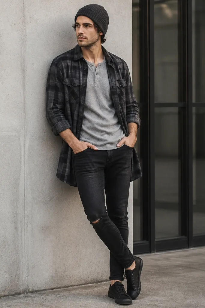A model wears a charcoal plaid long flannel over a grey thermal henley. The flannel is open and hangs past the hips, with sleeves rolled to show forearms. Skinny jeans are dark and have two small rips at the knees. Black low-top sneakers and a dark beanie are shown.