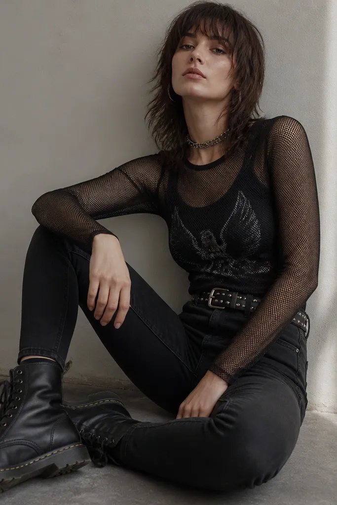 The image shows a model wearing a black mesh long sleeve layered over a printed black tank. High-rise black skinny jeans sit at the waist with a studded black belt. The model has a choker-style chain and black combat boots.