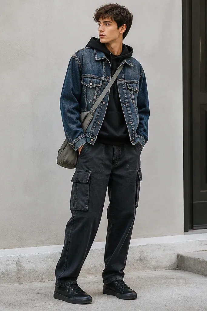 A model wears a faded indigo denim jacket with visible wear on the seams. Under it is a black hoodie with the hood down. The pants are dark cargo jeans with straight legs and multiple pockets. Black sneakers and a grey crossbody bag are shown.