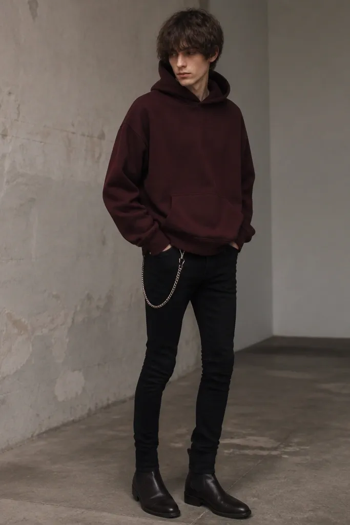 The model wears an oxblood hoodie with a matte finish and slightly oversized fit. It is paired with black skinny jeans. A chain wallet hangs from the right belt loop. The shoes are dark Chelsea boots.