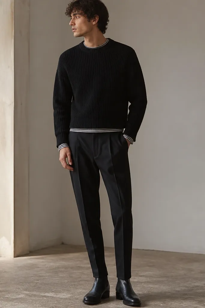 A model wears a black knit sweater with a slightly cropped hem. A striped thermal shirt peeks out at the collar and cuffs. The pants are slim pleated black trousers. Black dressy boots and a silver ring are visible.